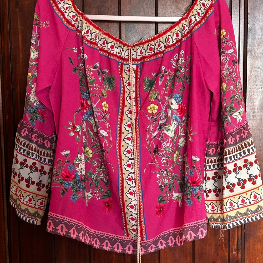 Umgee Fuchsia Floral Embroidered Peasant Blouse